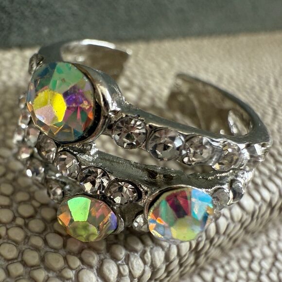 Adjustable Aurora Borealis Statement Ring Triple Band Silver Tone Sparkle - Picture 6 of 16